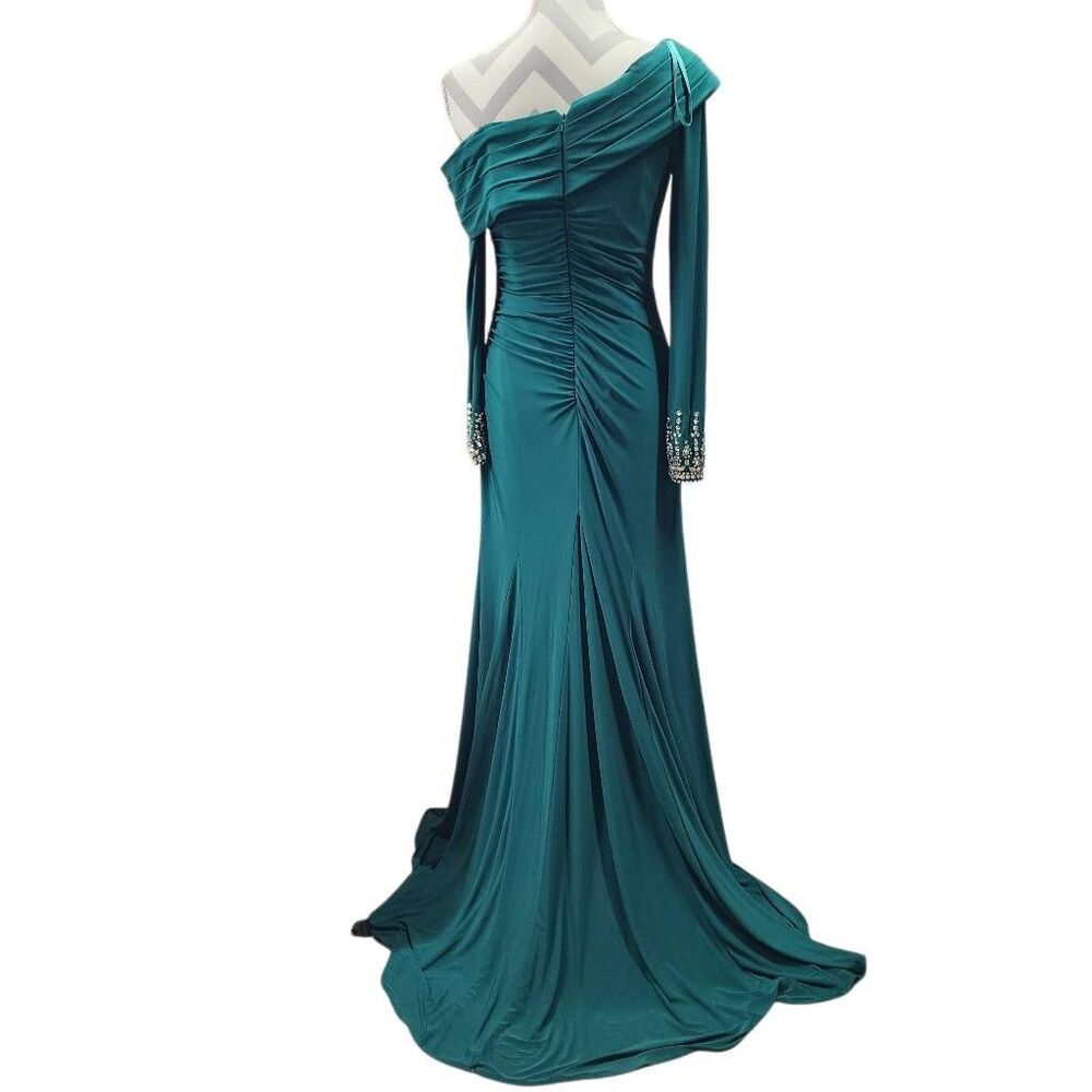 Mac Duggal Emerald Green One Shoulder Ruched Formal Gown Dress Size 8 NWT - Picture 4 of 11